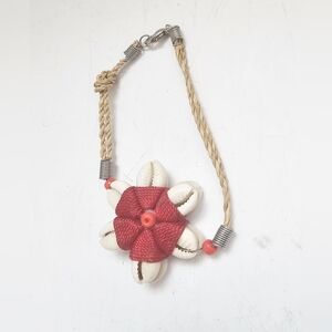 Handcrafted Puka Cowrie Shell Plumeria Hawaiian Red and Tan Bracelet